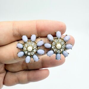 Vintage Lilac Glass Flower Earrings with Rhinestones Faux Pearl Center